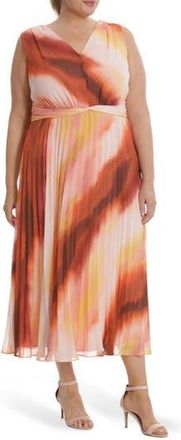 Donna Morgan V-Neck Pleated Midi Dress in Soft Creme/rust Multi at Nordstrom Rack, Size 14W