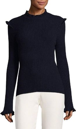 Derek Lam Ribbed Ruffle Trim Wool Blend Sweater In Black