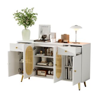 STILVORA Aparador Con 4 Puertas Y 2 Cajones, Estantes Regulables En Altura, Estilo Moderno, De Tablero De Part&iacute;culas, Blanco Y Natural, 140&times;35&times;82 Cm
