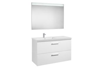 Roca Roca - Pack Mueble Base Con 2 Cajones, Lavabo Y Espejo Led Prisma Color: Blanco - Fresno - Posici&oacute;n Del Lavabo: Derecha