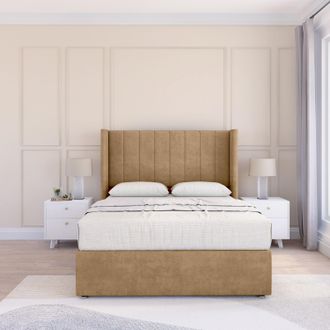 Sloomy Falcon Dumfries Wingback Bed Set, No Drawers & 54 Floor Standing Headboard in Light Beige | Size: King
