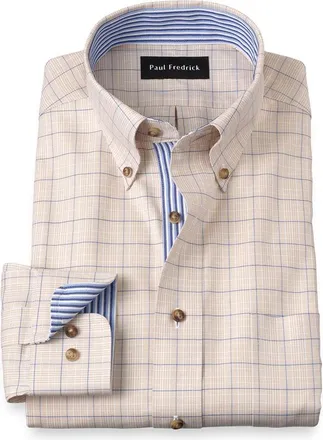 Paul Fredrick Cotton Buttondown Collar Twill Slim Contrast Trim Button Cuff Long Sleeve in Tan at Nordstrom, Size 17 X 34