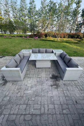 Fimous U Shape Rattan Garden Furniture Set Adjustable Rising Lifting Table 2 PC Side Coffee Tea Table in Light Grey
