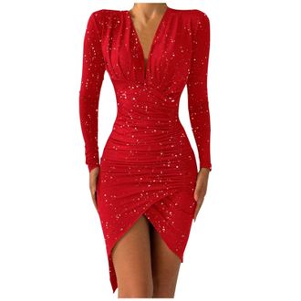 Generic Wrap Dresses for Women UK | Sexy V Neck Sequin Sparkly Dress Ruched Front High Waist Prom Dress Irregular Hem HIPS-Wrapped Dress Club Disco Dance Mini