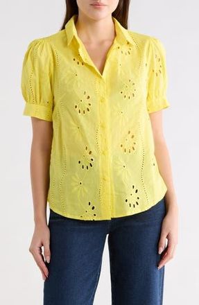 Forgotten Grace Eyelet Short Sleeve Button-Up Shirt in Yellow at Nordstrom Rack, Size Large