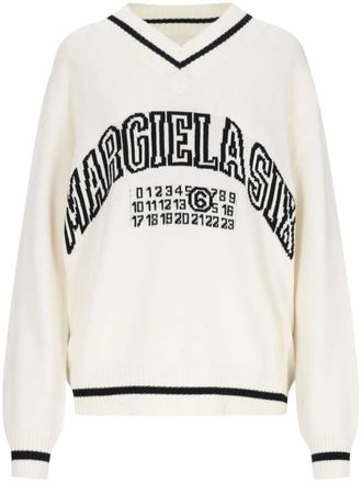 Maison Margiela logo-knit v-neck jumper - women - Wool/Cotton - S - White