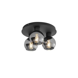 QAZQA Art D&eacute;co Plaf&oacute;n Inteligente Negro Con Cristal Ahumado 3 Luces Con Wifi A60 - Vidro Vidrio /acero Redonda Adecuado Para Led Max. 3 X 7 Watt - Qazqa