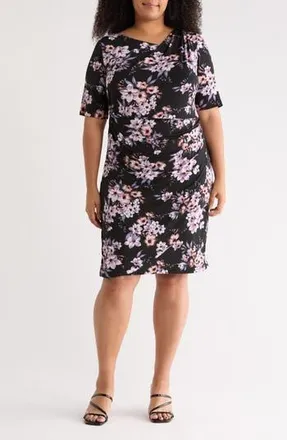 Connected Floral Elbow-Length Sleeve Faux Wrap Dress in Black/iris at Nordstrom Rack, Size 16W