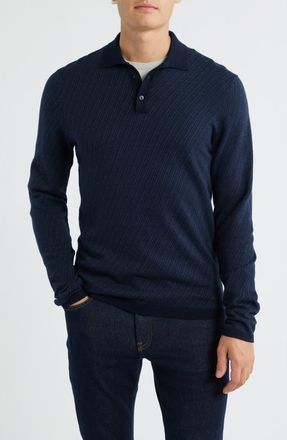 Robert Barakett Borja Cotton & Cashmere Long Sleeve Polo in Navy at Nordstrom, Size Xx-Large