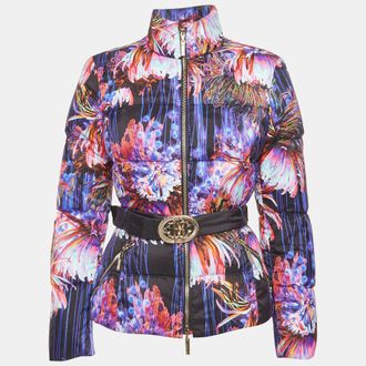 Roberto Cavalli Purple Printed Nylon Down Puffer Jacket
