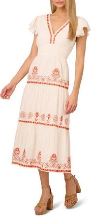 Adrianna Papell Embroidered Smocked Waist Cotton Maxi Dress in Ivory/Red Multi at Nordstrom, Size 10