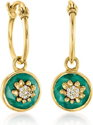 Ross-Simons Emerald Flower Hoop Drop Earrings With Diamonds in 18kt Gold Over Sterling