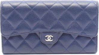 Chanel Navy Grained Calfskin Long Wallet (Bi-Fold) (Pre-Owned)