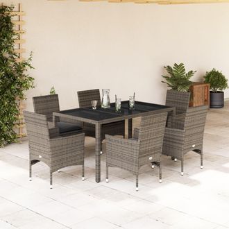 vidaXL Set Comedor Jard&iacute;n 7 Pzas Y Cojines Rat&aacute;n Sint&eacute;tico Vidrio Gris Vidaxl