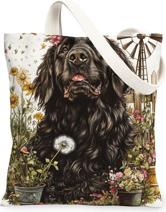 Generic Spring NewFoundland Dog Canvas Tote Bag for Shopping 13x15, Farmhouse Country Puppy Reusable Grocery Print Bag for Women, Farm Pet Beach Aesthetic Pai