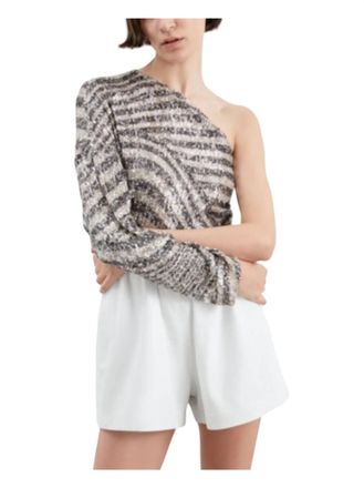 In The Mood For Love Asymmetrical Linear Print Top In Beige-Emerald