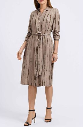 Foxcroft Fiona Chain Stripe Belted Shirtdress in Brown Multi at Nordstrom, Size X-Large