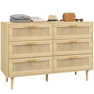 OEM C&oacute;moda Para Dormitorio Con 6 Cajones Con Frontal De Rat&aacute;n Patas De Madera Cajonera Estilo Bohemio 110x40x75 Cm Roble