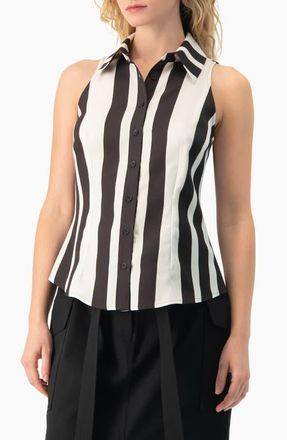 Ivonne Bold Vertical Stripe Sleeveless Fitted Button-Front Shirt in Black at Nordstrom, Size 10