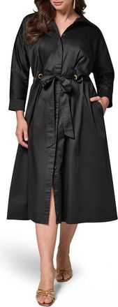 DKNY Drawstring Waist Stretch Midi Shirtdress in Black at Nordstrom, Size 14W