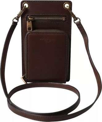 Dolce & Gabbana Brown Calf Leather Zip Logo Shoulder Neck Strap Mens Wallet