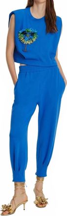 Exquise Crew Neck Shoulder Padded Knitted Blouse With Jogger Set In Blue