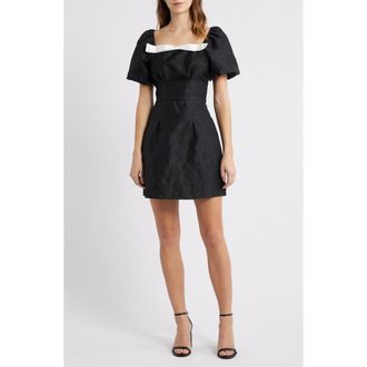 Sister Jane Puff Sleeve Jacquard Cocktail Minidress in Black at Nordstrom, Size X-Small