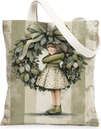 Generic Floral Green Canvas Tote Bags, Nature Leaf Pattern Reusable Grocery Bags, Spring Vintage Lightweight Washable Shoulder Stra, Green, 13x15 Inch