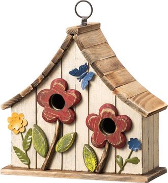 Glitzhome Distressed Solid Wood Birdhouse with 3D Flowers in White at Nordstrom, Size Medium