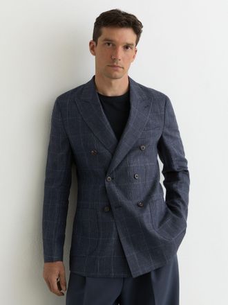 Reiss Navy Linen Check Double-breasted Tailored-fit Blazer, 44