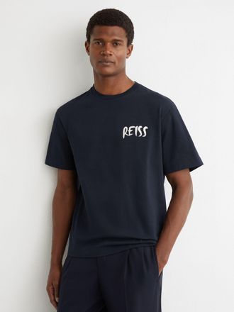 Reiss Navy Cotton Logo-print Relaxed-fit T-shirt, Xxl
