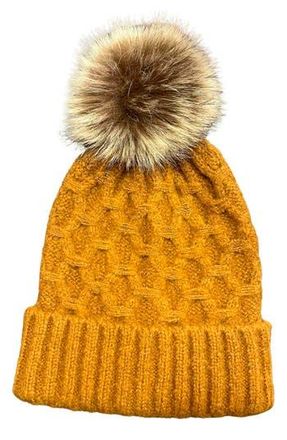 MARCUS ADLER Faux Fur Pom Honeycomb Knit Beanie in Brown at Nordstrom Rack
