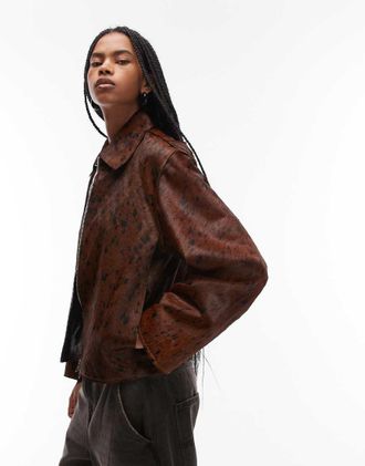 Mango Giacca 100% pelle con stampa cerbiatto e zip-Marrone