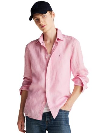 Tommy Hilfiger Mens Long Sleeve Casual Linen Button Down Shirts in Regular Fit, Classic Pink, Large