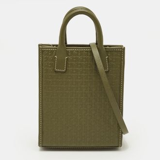 Carolina Herrera Mini Green Monogram Embossed Leather And Suede Tote