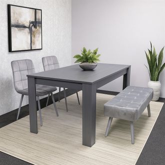 Kosy Koala Modern Dark Grey Dining Table Set with 2 Grey Velvet Chairs & 1 Grey Bench in Brown