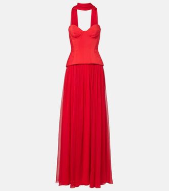 Monique Lhuillier Vermilion crêpe and chiffon corset gown