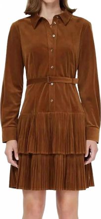 Current Air Velvet Pleated Tiered Shirt Mini Dress In Brown