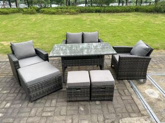 Fimous 7 Seater Grey Mixed High Back Rattan Sofa Set Dining Table Garden Furniture Outdoor in Dark Grey