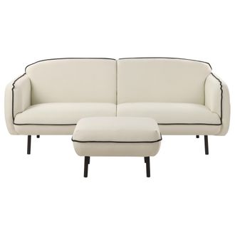 Beliani Sof&aacute; 3 Plazas Con Otomana Retro Glamuroso Patas De Metal Ribete Negro Sala De Estar Tapicer&iacute;a De Tela Beige Gris Claro Tonsberg