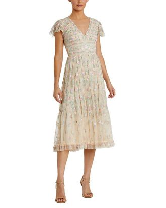 Mac Duggal Embroidered V Neck Cap Sleeve Midi Dress