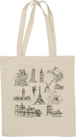 Generic Statue Of Liberty Leaning Tower Of Pisa Sphinx Giza Pagoda Big Ben Eiffel Tower Natural Cotton Tote Bag White