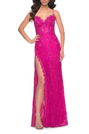 La Femme Scallop Detail Lace Fitted Prom Dress with Illusion Bodice in Hot Fuchsia at Nordstrom, Size 2