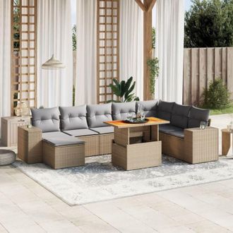 vidaXL Vidaxl - Set De Sof&aacute;s De Jard&iacute;n 9 Pzas Con Cojines Rat&aacute;n Sint&eacute;tico Beige