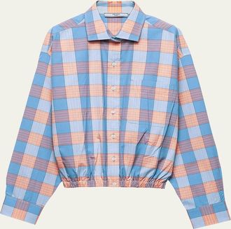Prada Gathered Check Popeline Button-Down Shirt