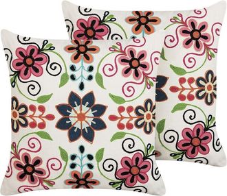 Beliani Beliani - Conjunto De 2 Cojines De Algod&oacute;n Blanco Rosa Verde 50 X 50 Cm Lana Bahraich