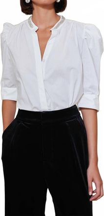 Bishop + Young Cate Ruched Sleeve Top In White Embellished
