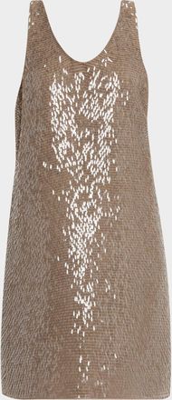 Brunello Cucinelli Crispy Silk Chiffon Mini Dress With Pailette Fringe Embroidery
