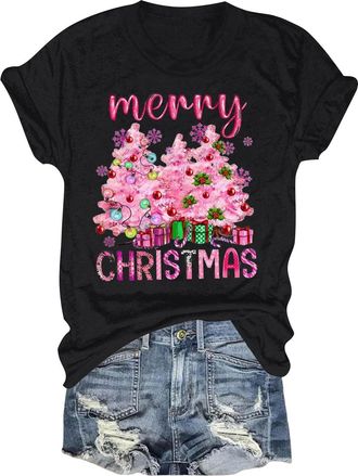 Generic 2025 Fashion T Shirts Womens Blouse Loose Tunic Christmas Shirts for Women Merry and Christmas Shirt Xmas Tree Graphic Holiday T Shirt Tops Silk Long 