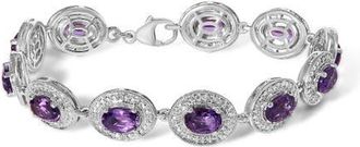 House of Brilliance Sterling Silver 5x7 MM Oval Purple Amethyst & Diamond Halo Link Bracelet in White at Nordstrom